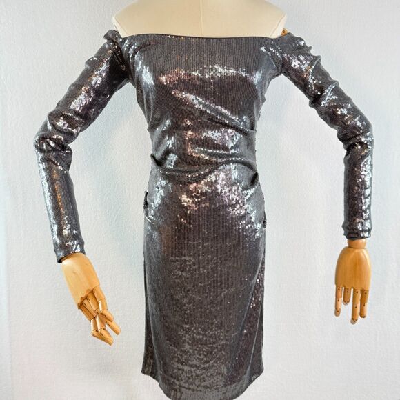 Nicole Miller | Silver Sequin Long Sleeve Off Shoulder Body Dress Ruched | Sz 6 - Picture 3 of 9